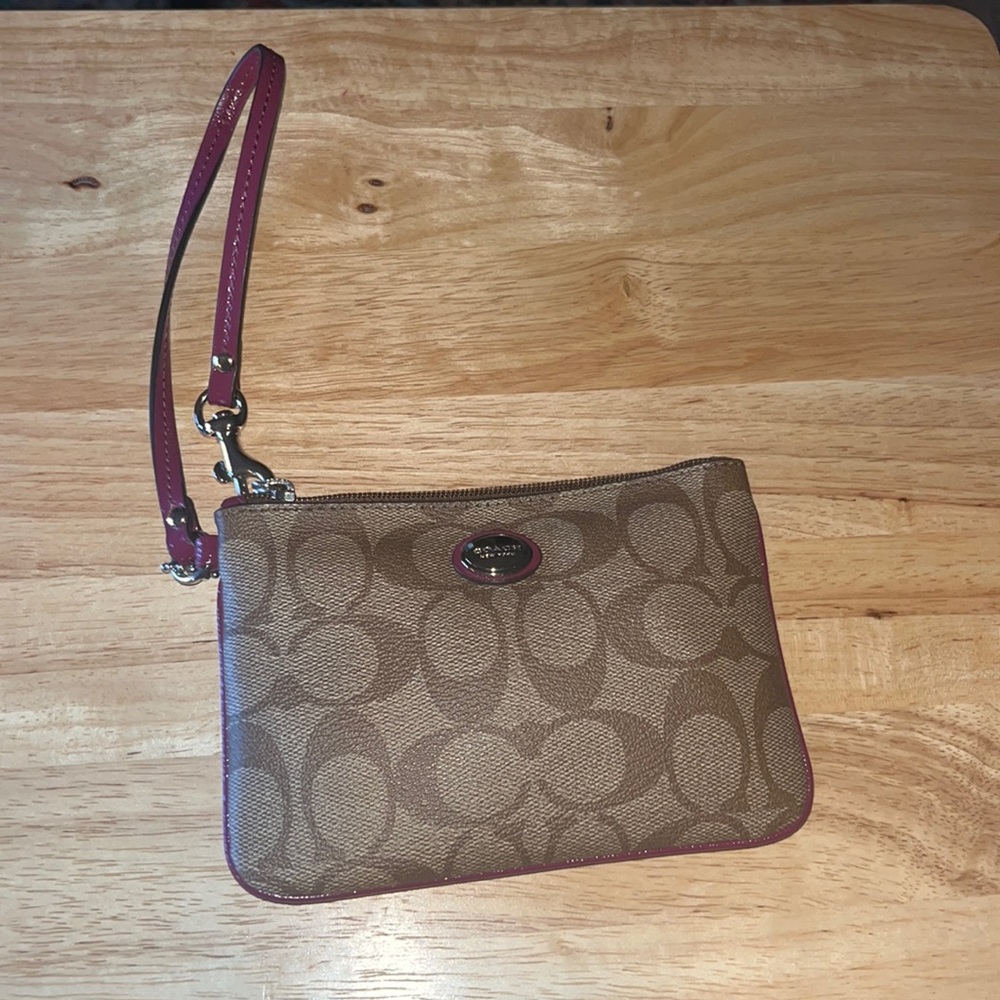 Coach Khaki/Maroon Wristlet (NEVER USED)